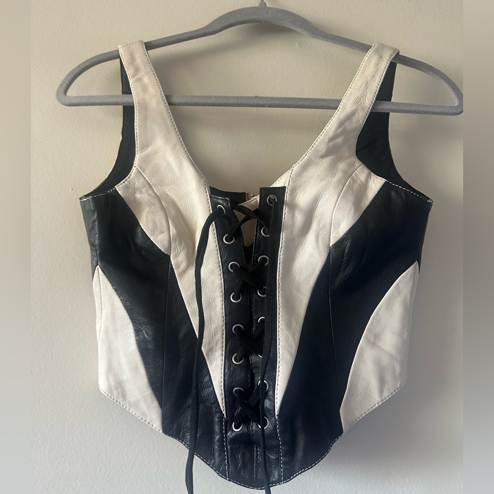 RARE Understated Leather Black and White Lace-Up 100% leather Corset Top